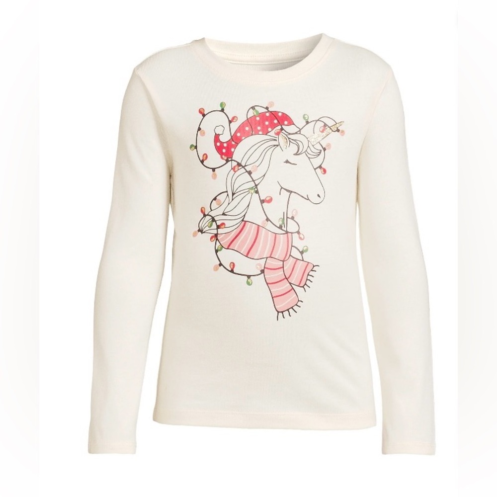 Holiday Time Girl’s Xmas Unicorn Shirt Pullover Long Sleeves Cream Size 18 NWT